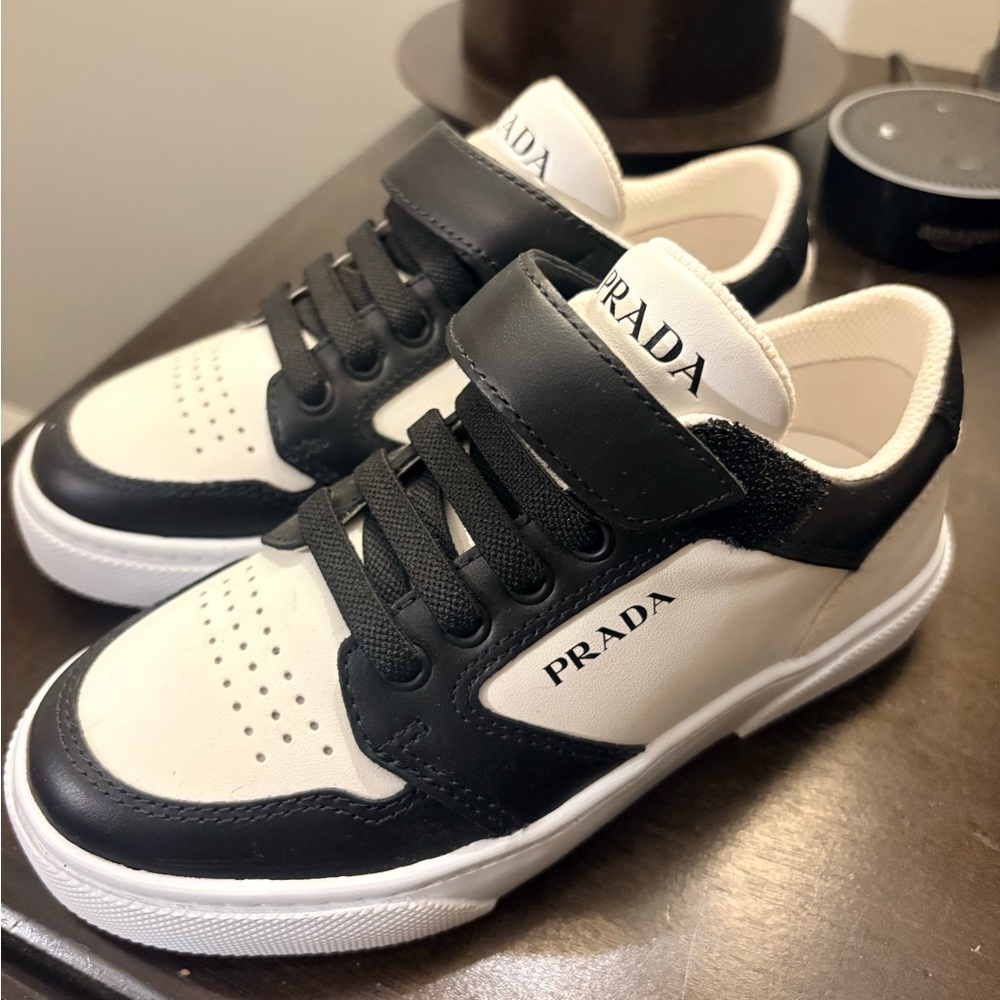 Prada Black and White Kids Leather Sneakers with Hook-and-Loop Strap